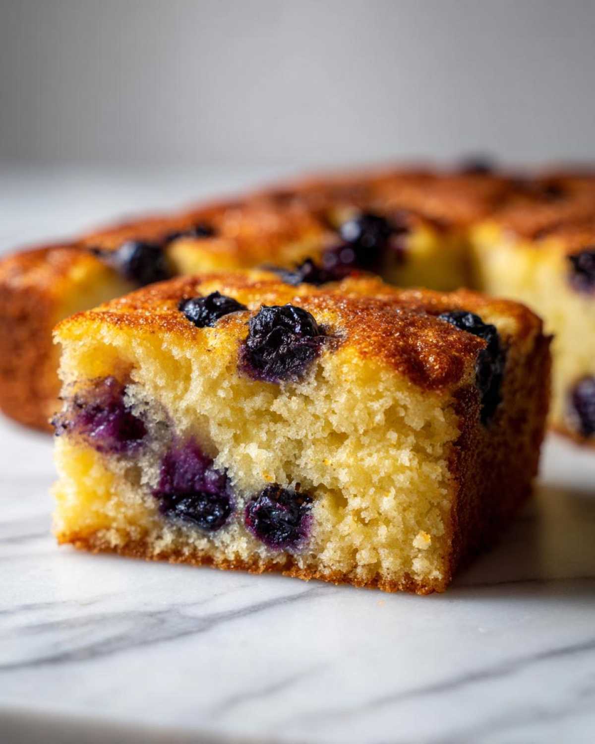 Close-up of a fluffy, golden slice of blueberry sheet pan pancakes with a sugary top.