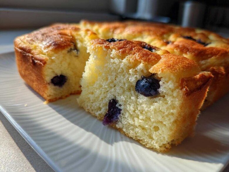 Close-up of a fluffy slice of blueberry sheet pan pancakes showing the golden crust and moist interior.