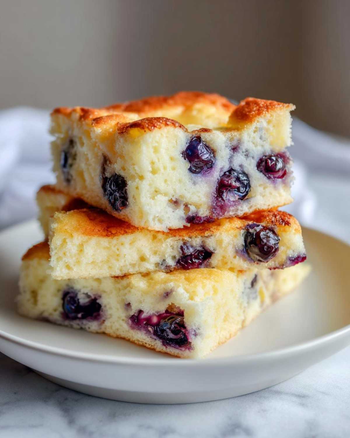 Three fluffy slices of blueberry sheet pan pancakes stacked on a white plate.