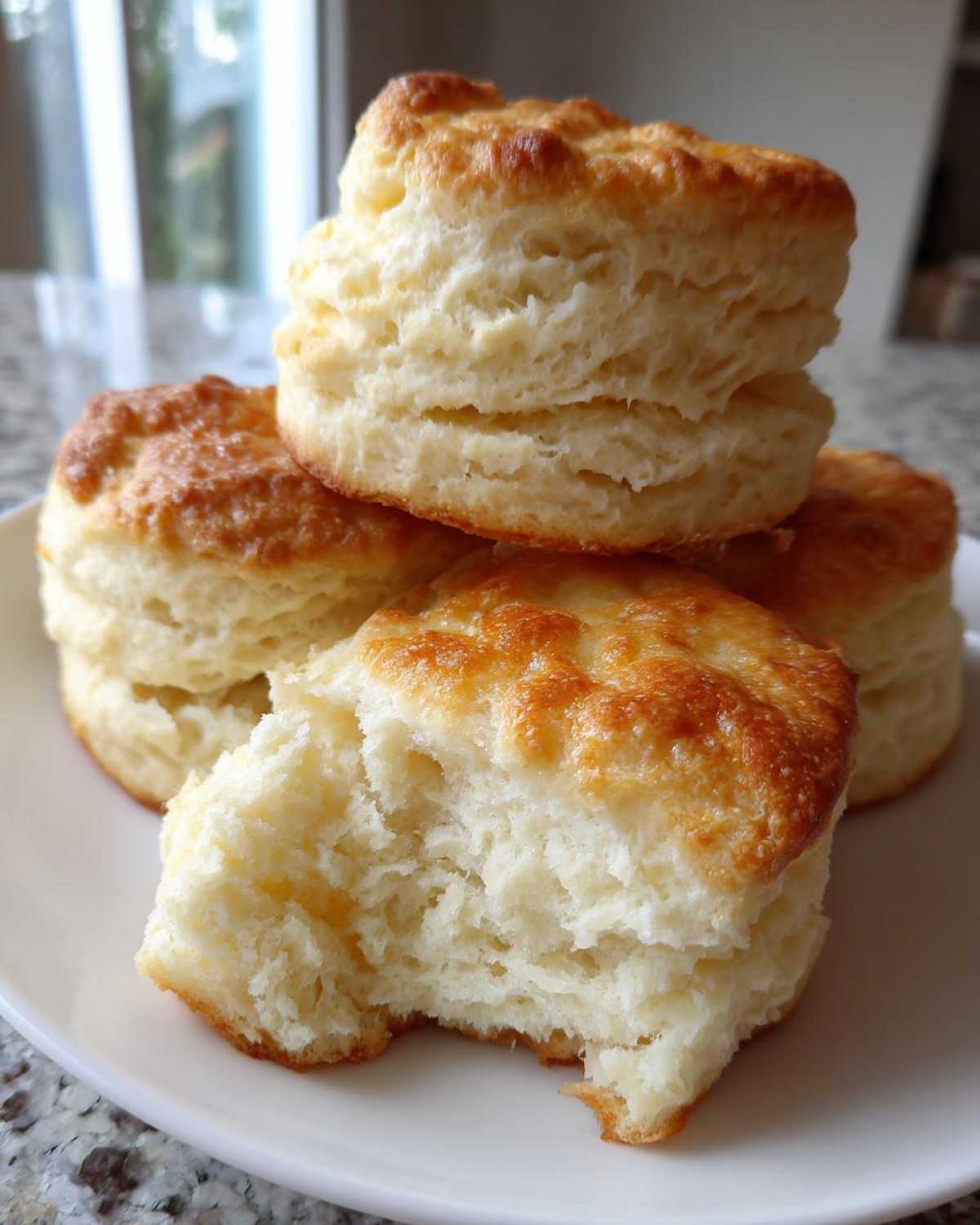 Close-up of tall, fluffy buttermilk biscuits stacked on a white plate, with one biscuit broken open showing the soft interior.