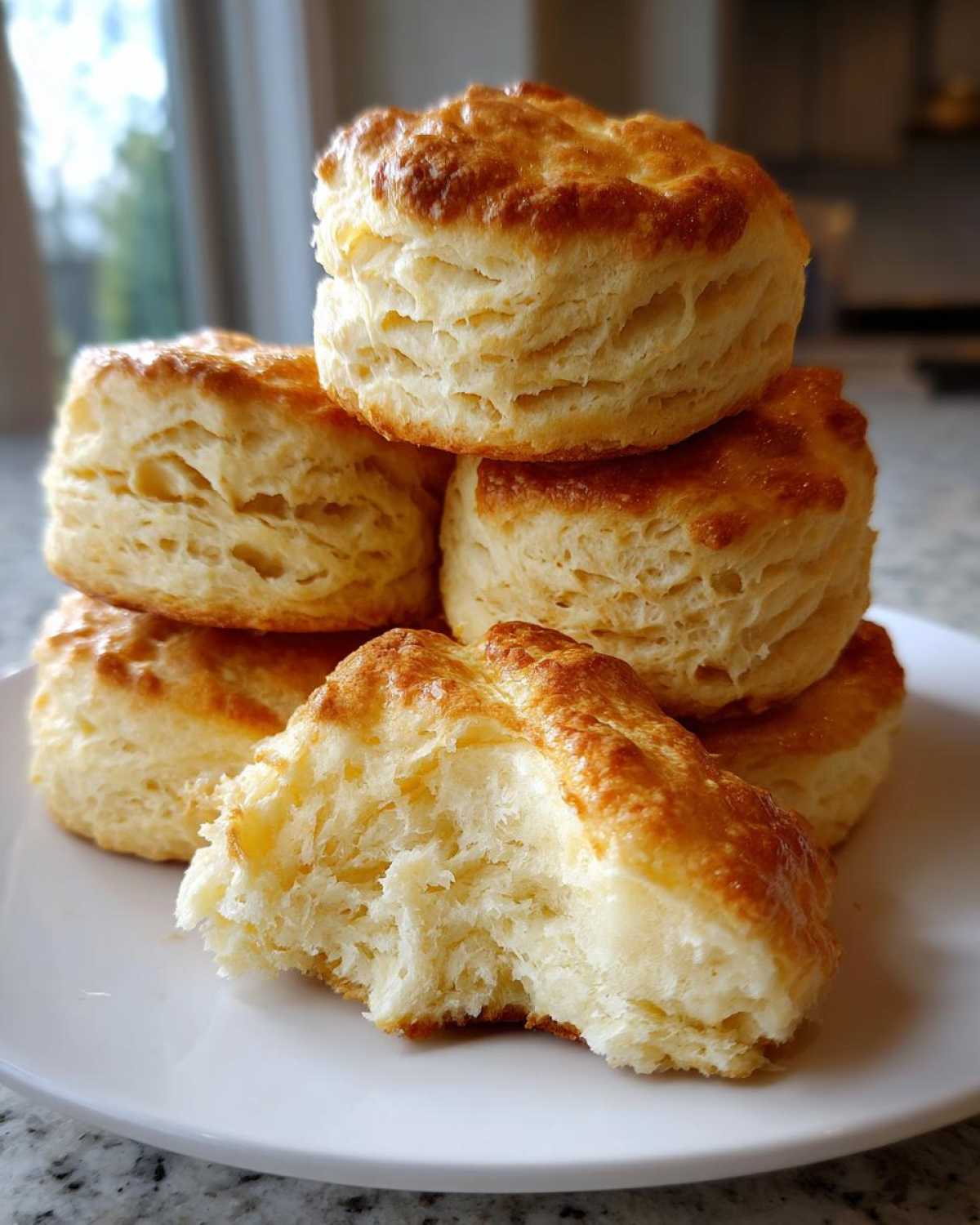 A stack of golden-brown, flaky buttermilk biscuits, with one biscuit broken open to show the soft interior.