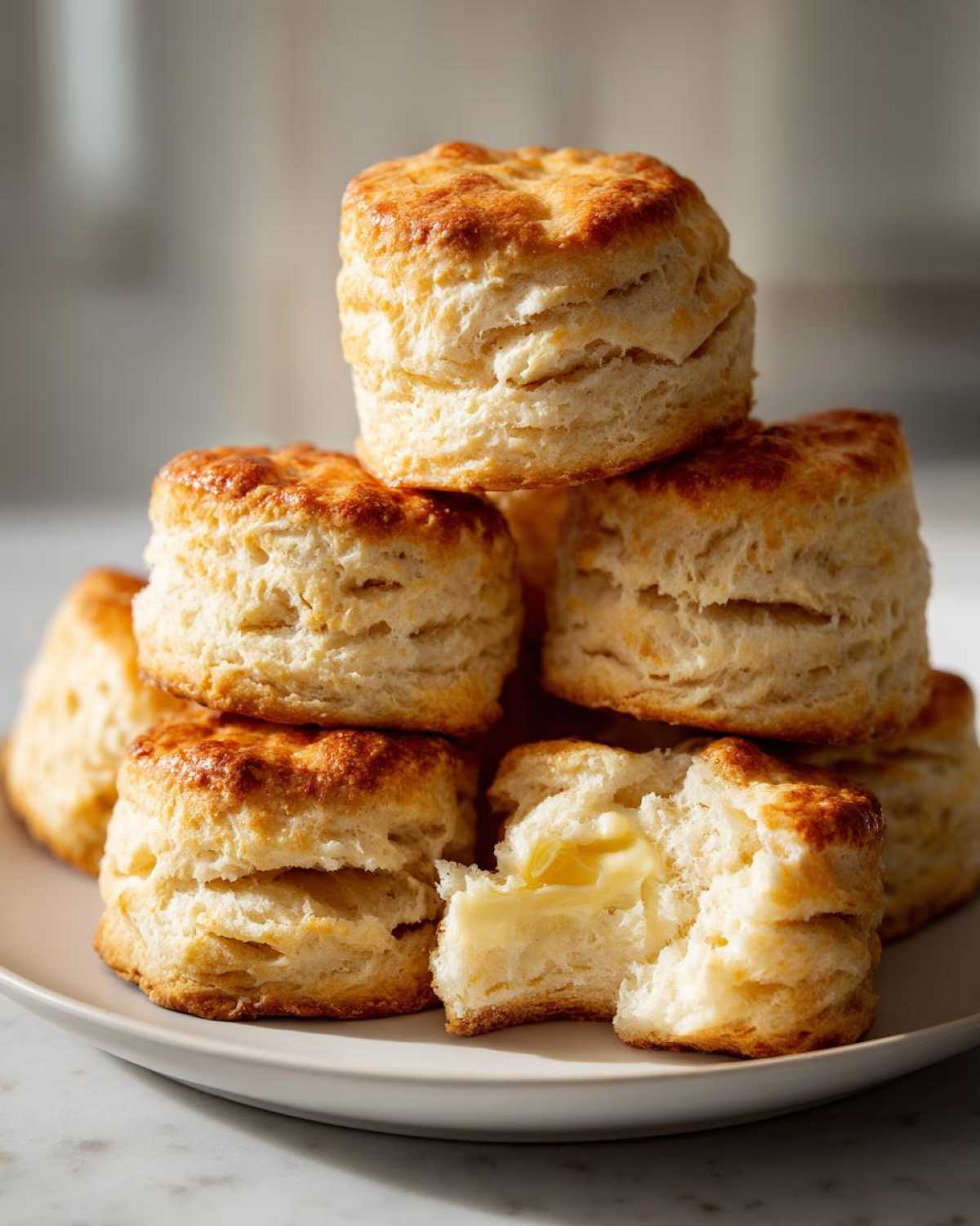 A stack of tall, golden-brown buttermilk biscuits, one split open showing melting butter inside.