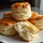 A stack of tall, golden-brown buttermilk biscuits on a white plate, one broken open to show fluffy interior.