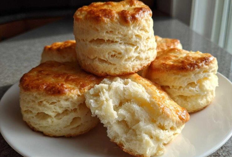 A stack of tall, golden-brown buttermilk biscuits on a white plate, one broken open to show fluffy interior.