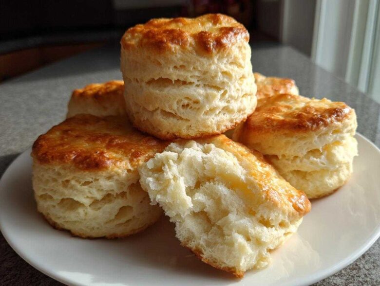 A stack of tall, golden-brown buttermilk biscuits on a white plate, one broken open to show fluffy interior.