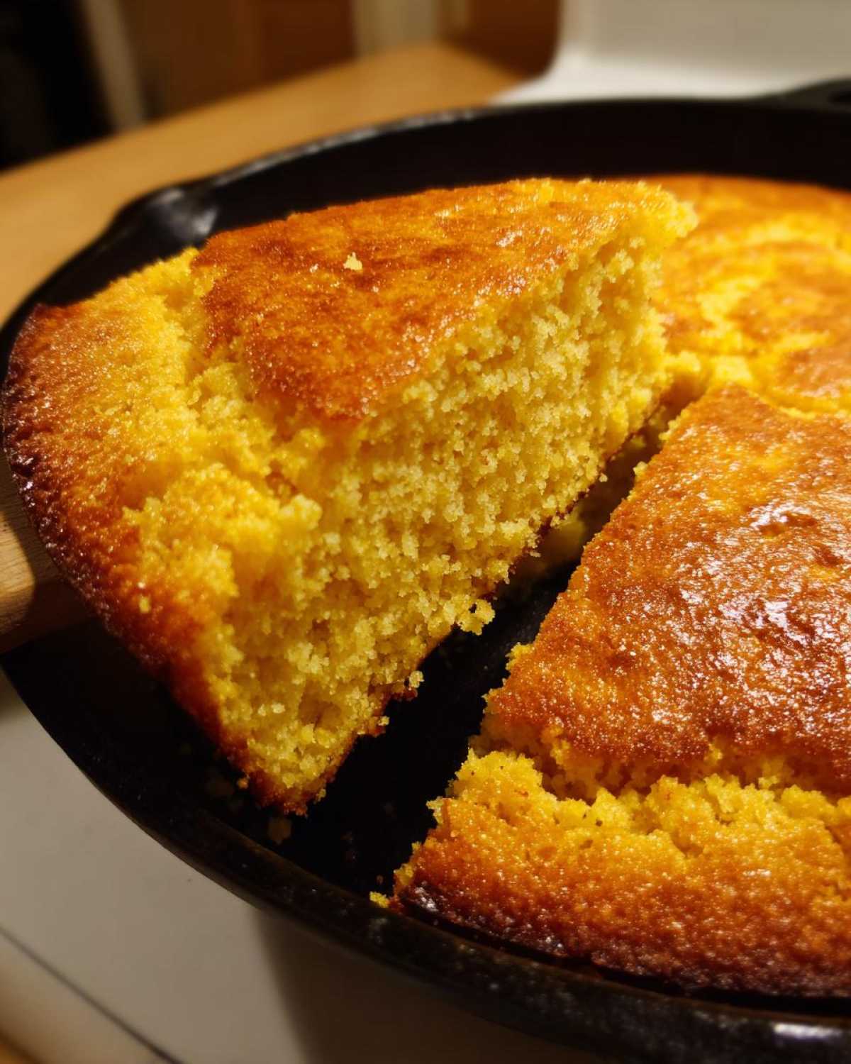 Close-up of a slice of golden, moist buttermilk cornbread being lifted from a black cast iron skillet.