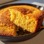 Close-up of a moist slice of buttermilk cornbread being lifted from a dark cast iron skillet.