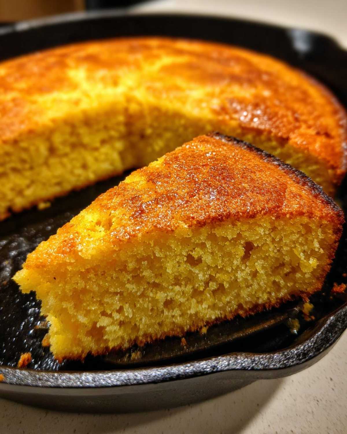 Close-up of a moist slice of buttermilk cornbread with a golden crust, sitting in a cast iron skillet.