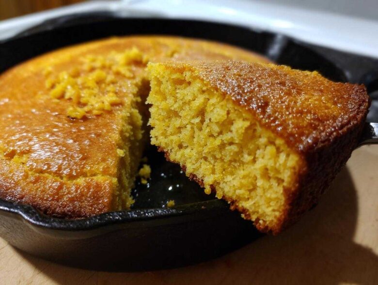 A close-up shot showing a fluffy slice of golden buttermilk cornbread being lifted from the rest of the cake in a black cast-iron skillet.