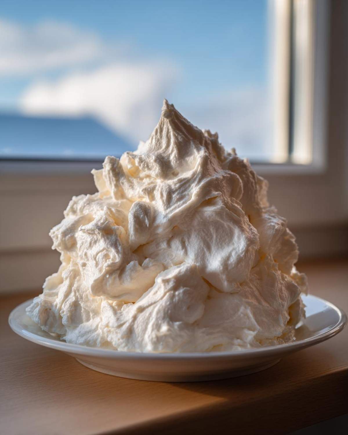 A large, fluffy mound of freshly made cream cheese frosting piled high on a small white plate.