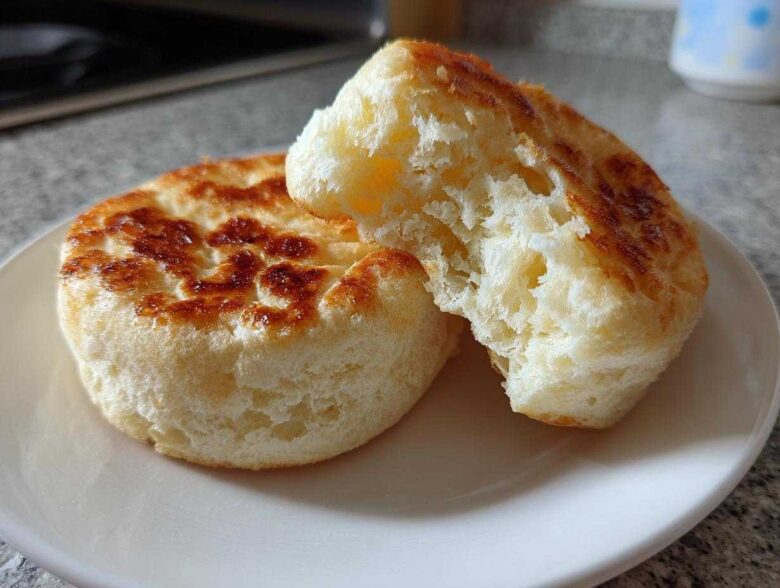 Close-up of a fluffy, toasted english muffin split in half showing its airy interior texture.