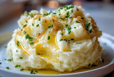 A generous serving of fluffy garlic mashed potatoes drizzled with melted butter and topped with chopped chives.
