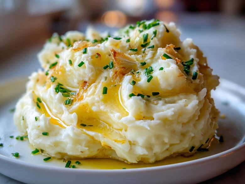 A generous serving of fluffy garlic mashed potatoes drizzled with melted butter and topped with chopped chives.