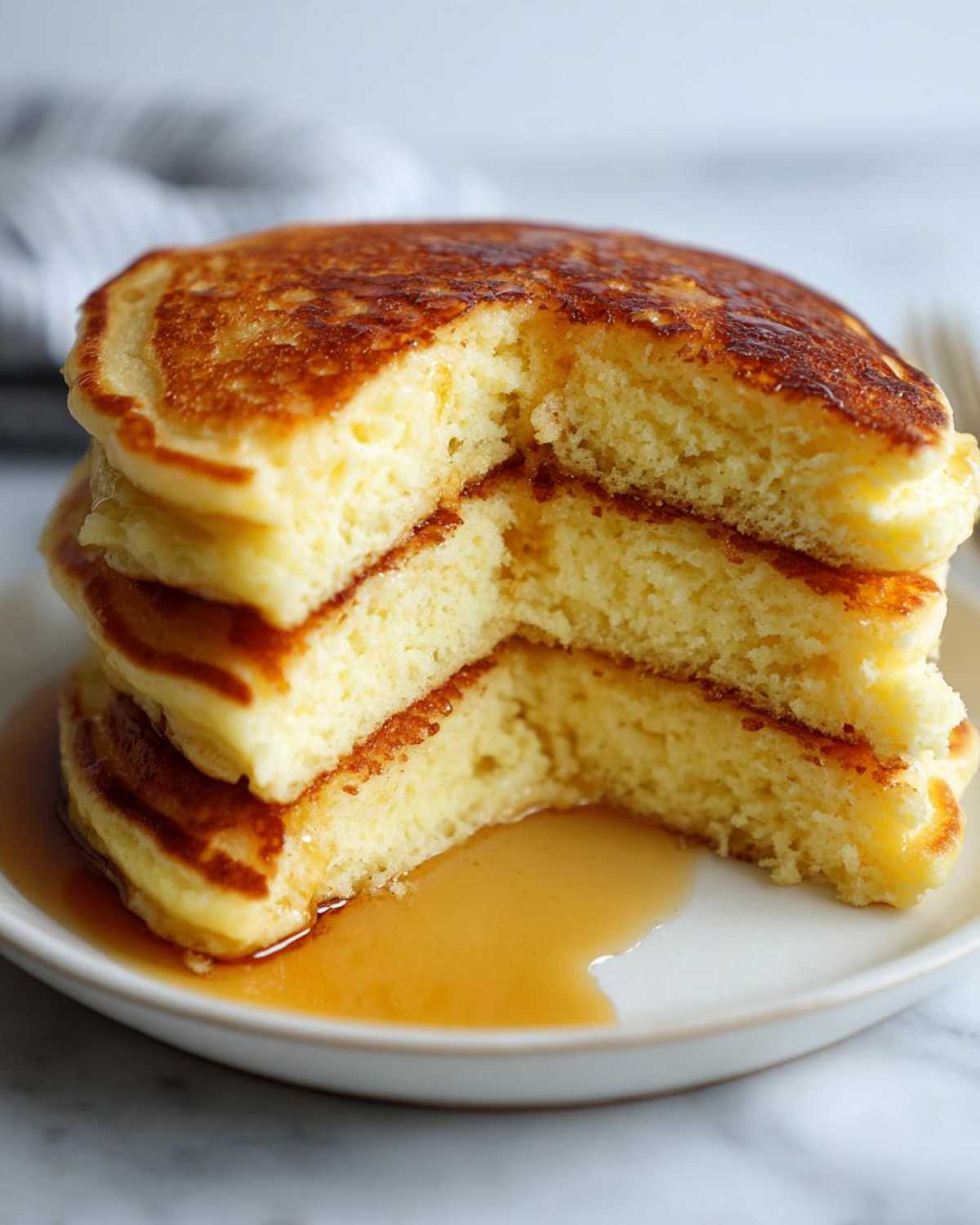 Close-up of a fluffy stack of Greek yogurt pancakes with a bite taken out, drizzled with maple syrup.