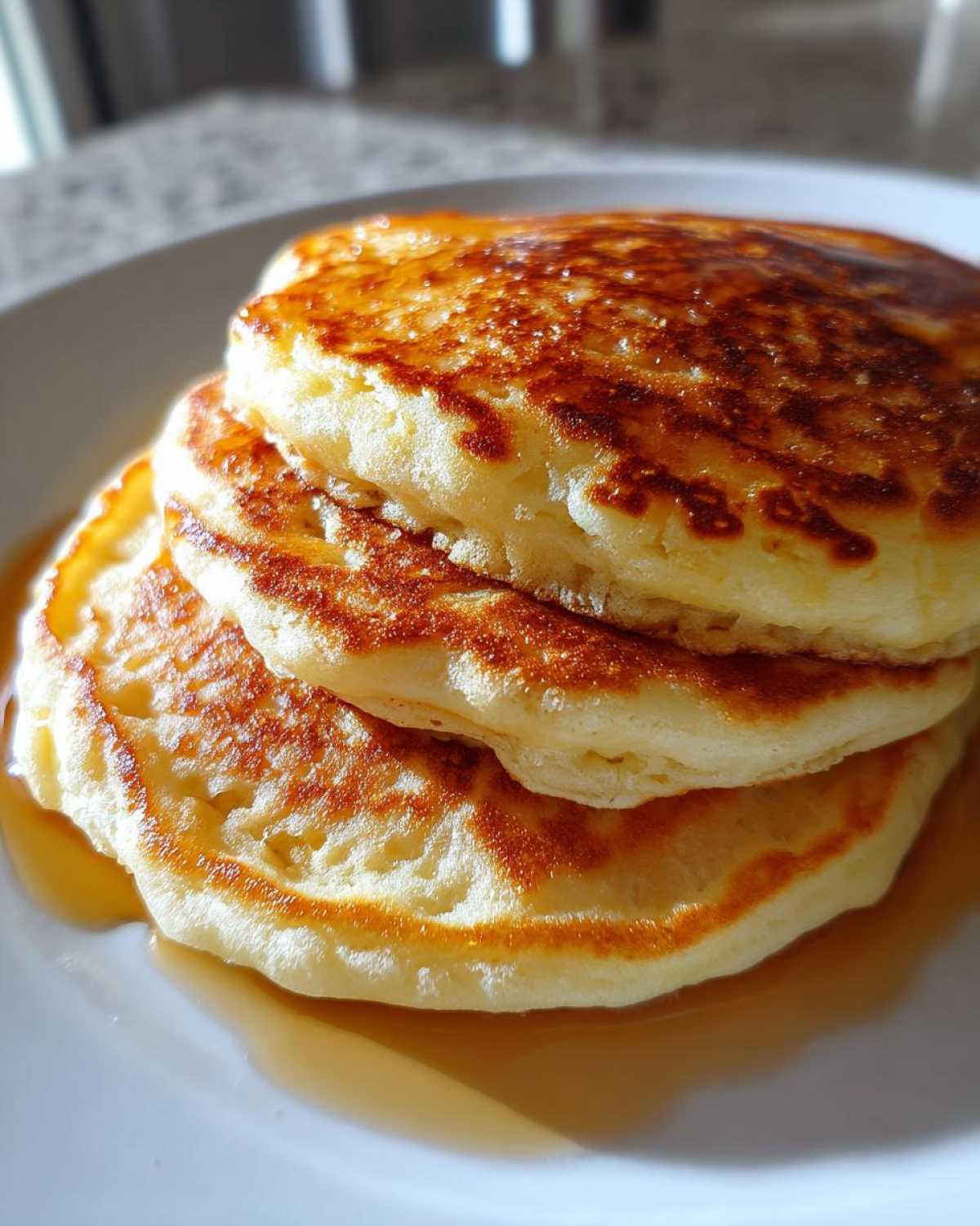 Close-up of a stack of three fluffy greek yogurt pancakes drizzled with golden syrup on a white plate.