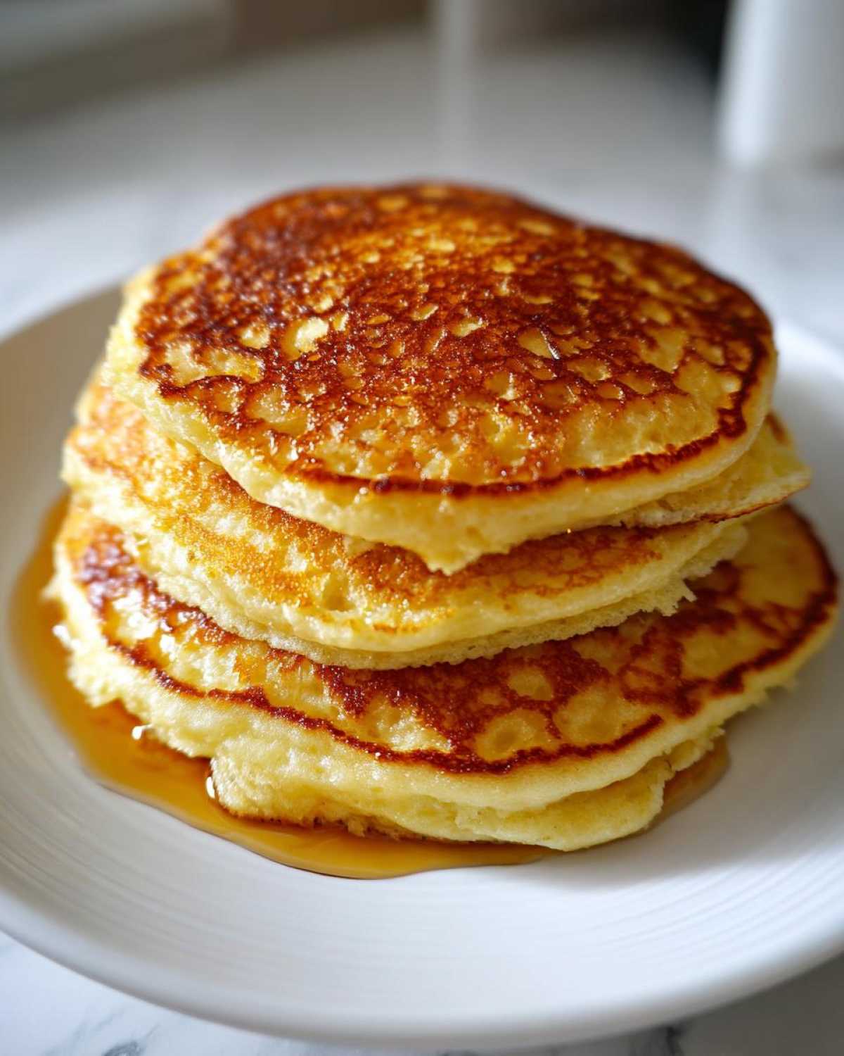 A stack of four fluffy Greek yogurt pancakes drizzled with syrup on a white plate.