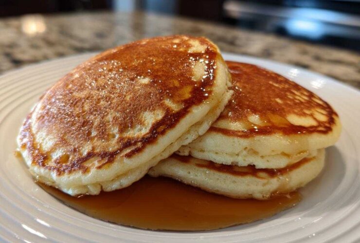 A close-up of a stack of fluffy greek yogurt pancakes drizzled with golden syrup on a white plate.