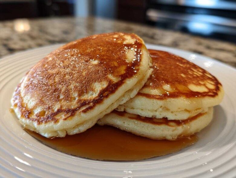 A close-up of a stack of fluffy greek yogurt pancakes drizzled with golden syrup on a white plate.