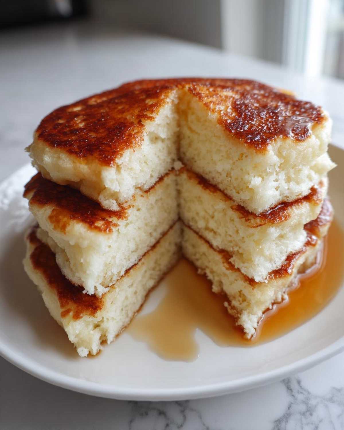 A stack of fluffy greek yogurt pancakes cut in half, showing the airy interior and golden brown edges, drizzled with syrup.