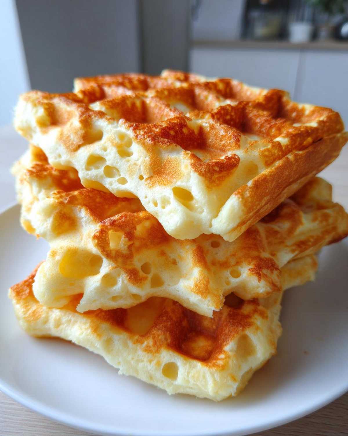 A stack of three light and fluffy high protein waffles with golden brown edges served on a white plate.