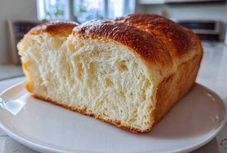 Close-up of a freshly baked japanese milk bread loaf, showing its incredibly soft, fluffy, and white interior crumb.