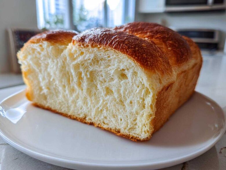 Close-up of a freshly baked japanese milk bread loaf, showing its incredibly soft, fluffy, and white interior crumb.