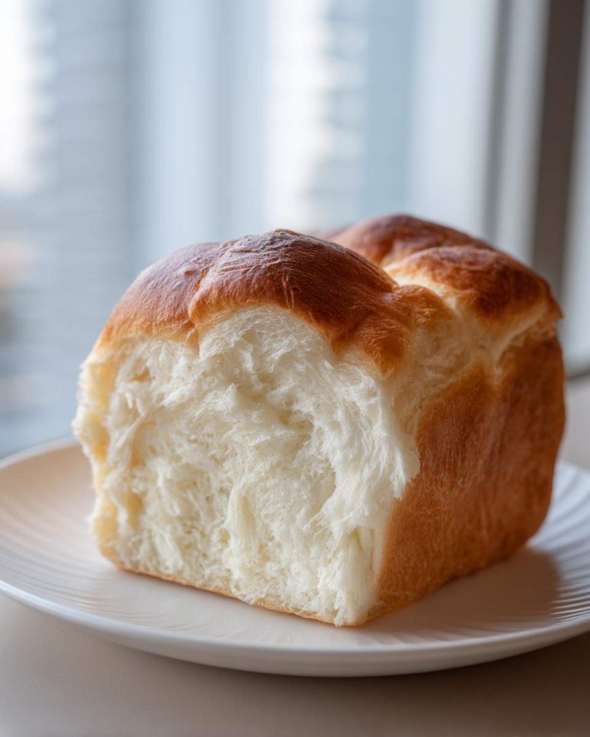 Close-up of a freshly baked japanese milk bread showing its incredibly soft, fluffy white interior and golden crust.