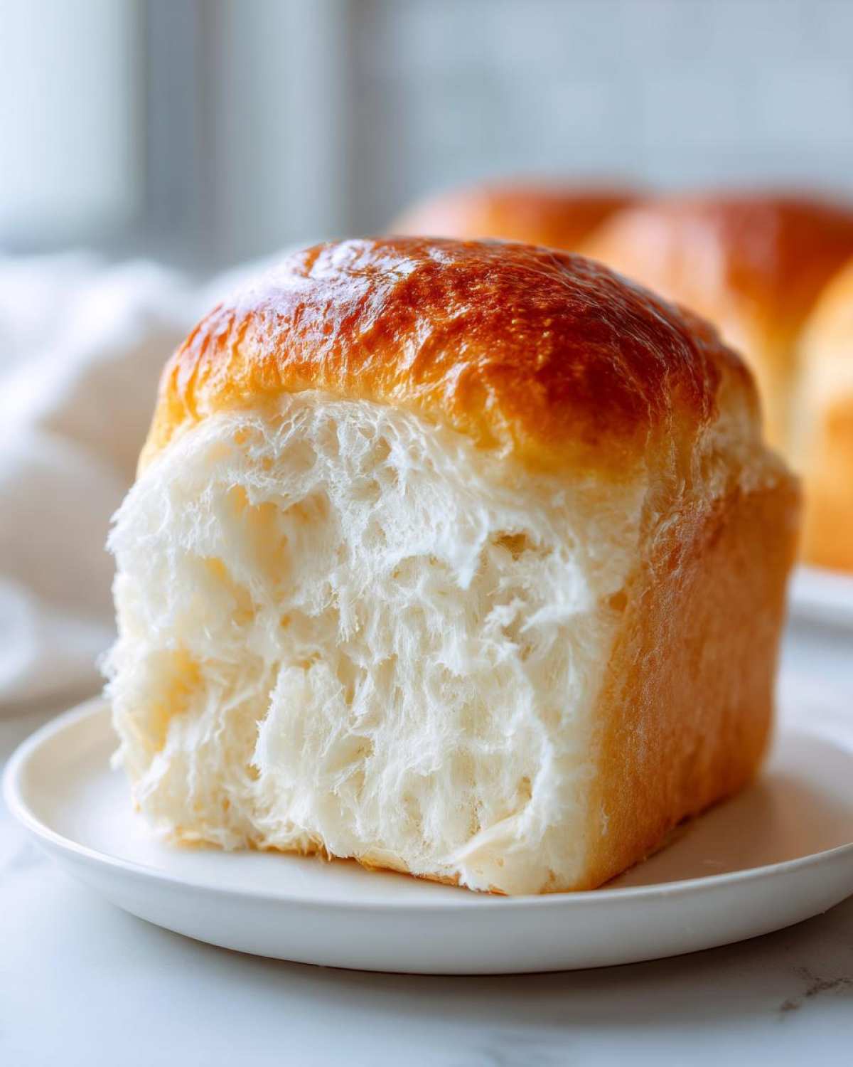 Close-up of a piece of Japanese milk bread showing its incredibly soft, fluffy, and stringy white interior and golden-brown top.