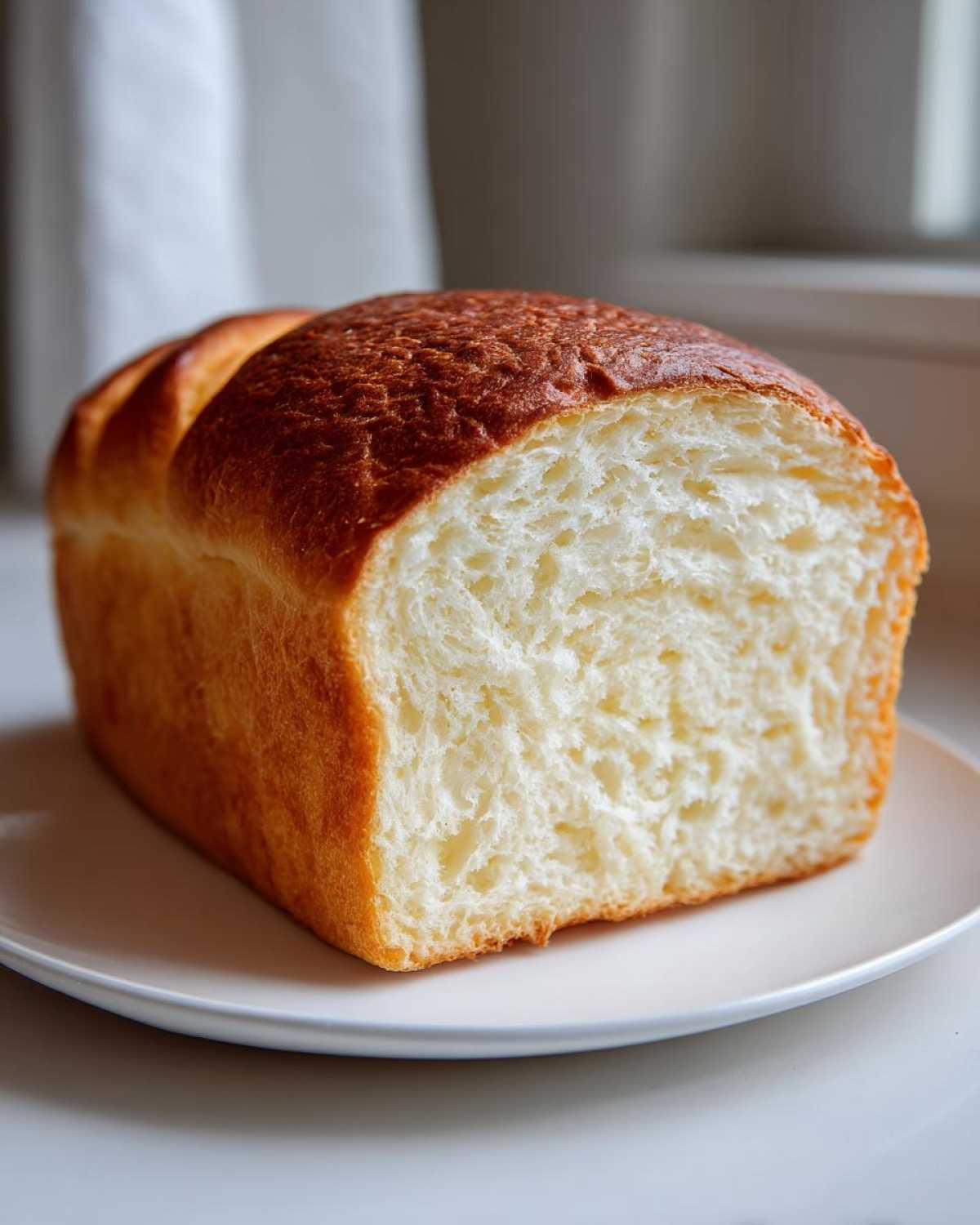 Close-up of a freshly baked Japanese milk bread loaf showing its incredibly soft, white, and fluffy interior crumb.