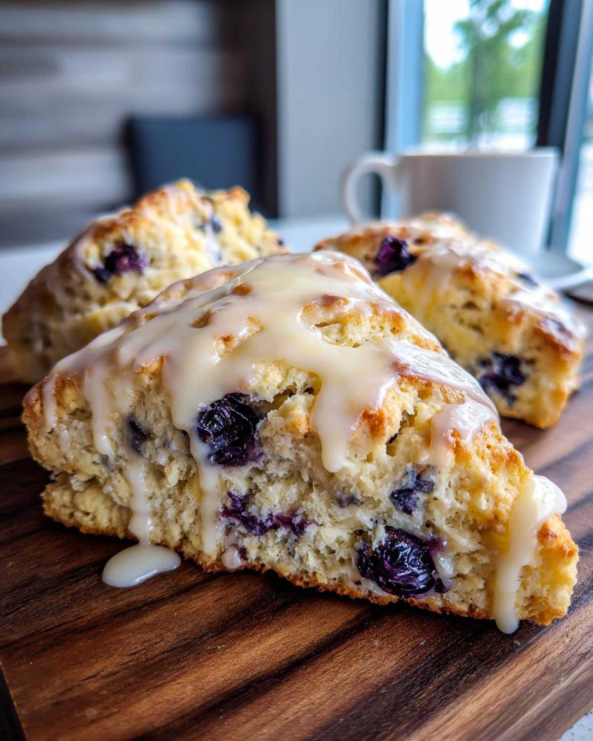 Close-up of a fluffy lemon blueberry scone drizzled with white glaze, sitting on a wooden board.