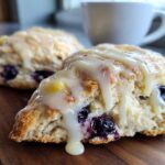 Close-up of fluffy lemon blueberry scones drizzled with thick white glaze, served on a wooden board.
