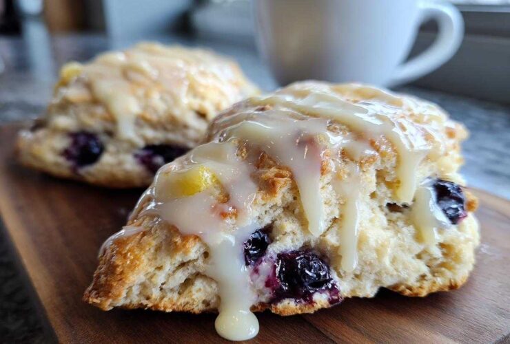 Close-up of fluffy lemon blueberry scones drizzled with thick white glaze, served on a wooden board.