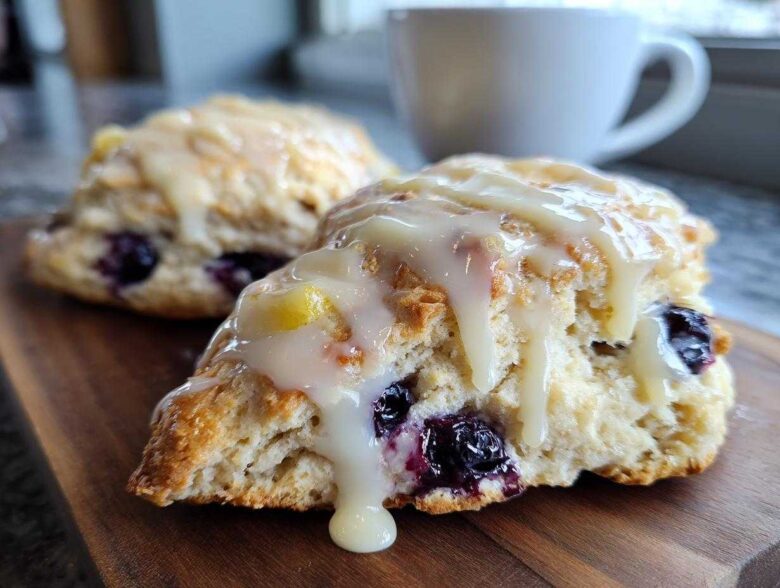 Close-up of fluffy lemon blueberry scones drizzled with thick white glaze, served on a wooden board.
