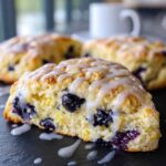 A close-up of a fluffy lemon blueberry scone slice topped with a sweet white glaze, with more scones and a coffee cup blurred in the background.