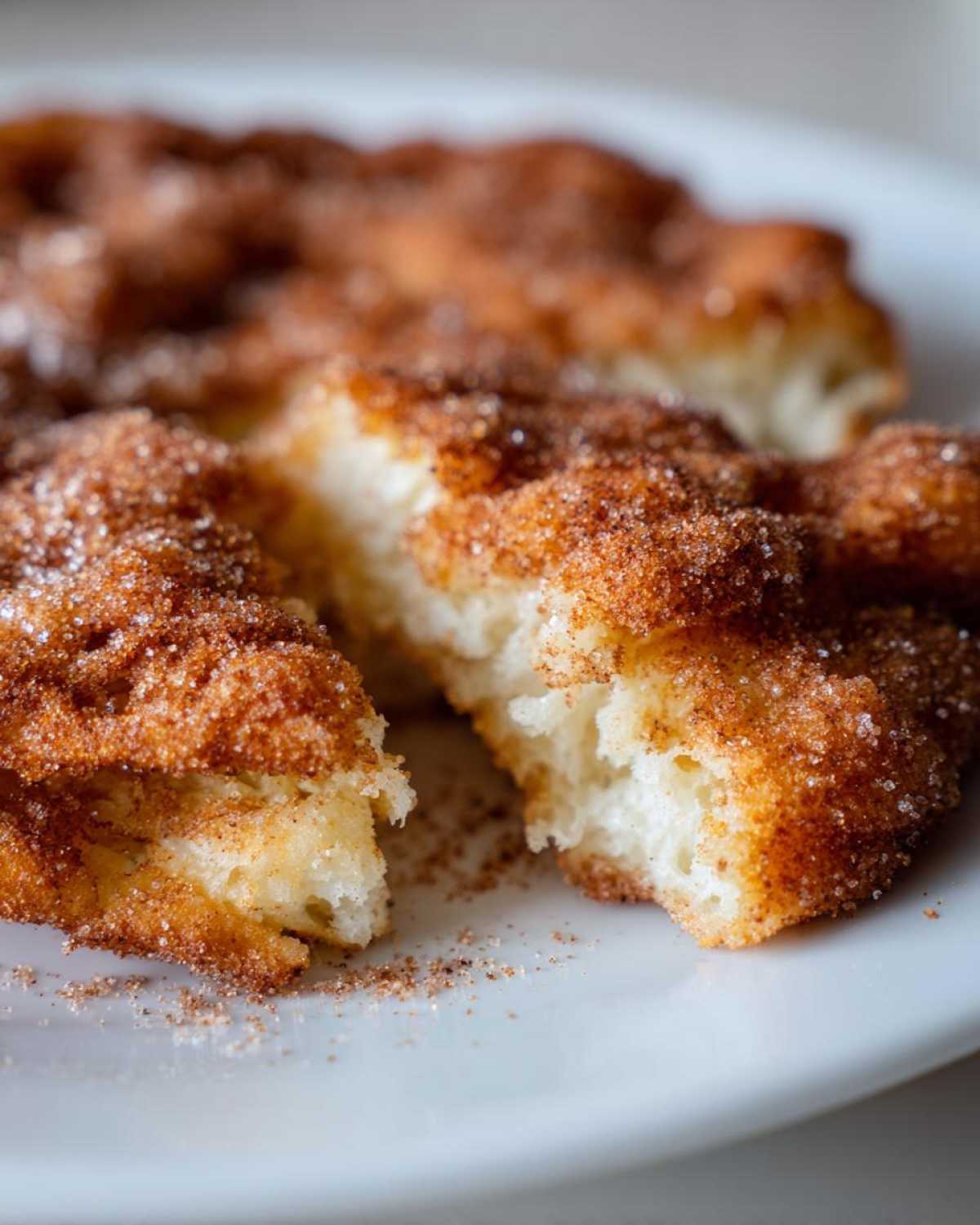 Close-up of fluffy Mexican buñuelos broken open, heavily coated in cinnamon sugar.