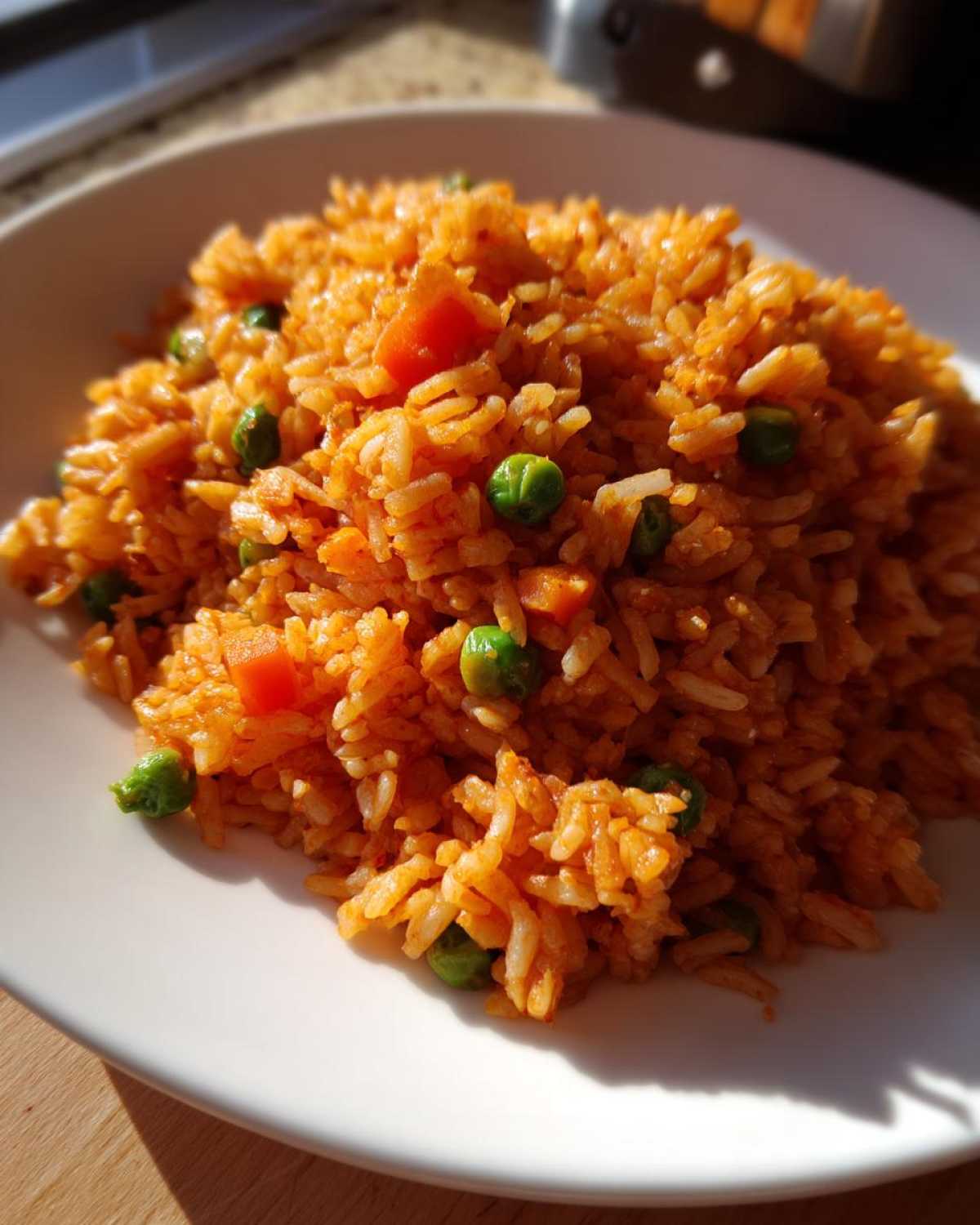 A close-up of fluffy, orange-colored mexican rice mixed with bright green peas and diced carrots, served on a white plate.