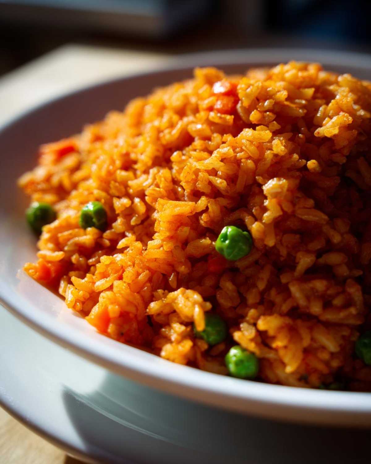 Close-up of a serving of vibrant orange Mexican rice recipe mixed with bright green peas in a white bowl.