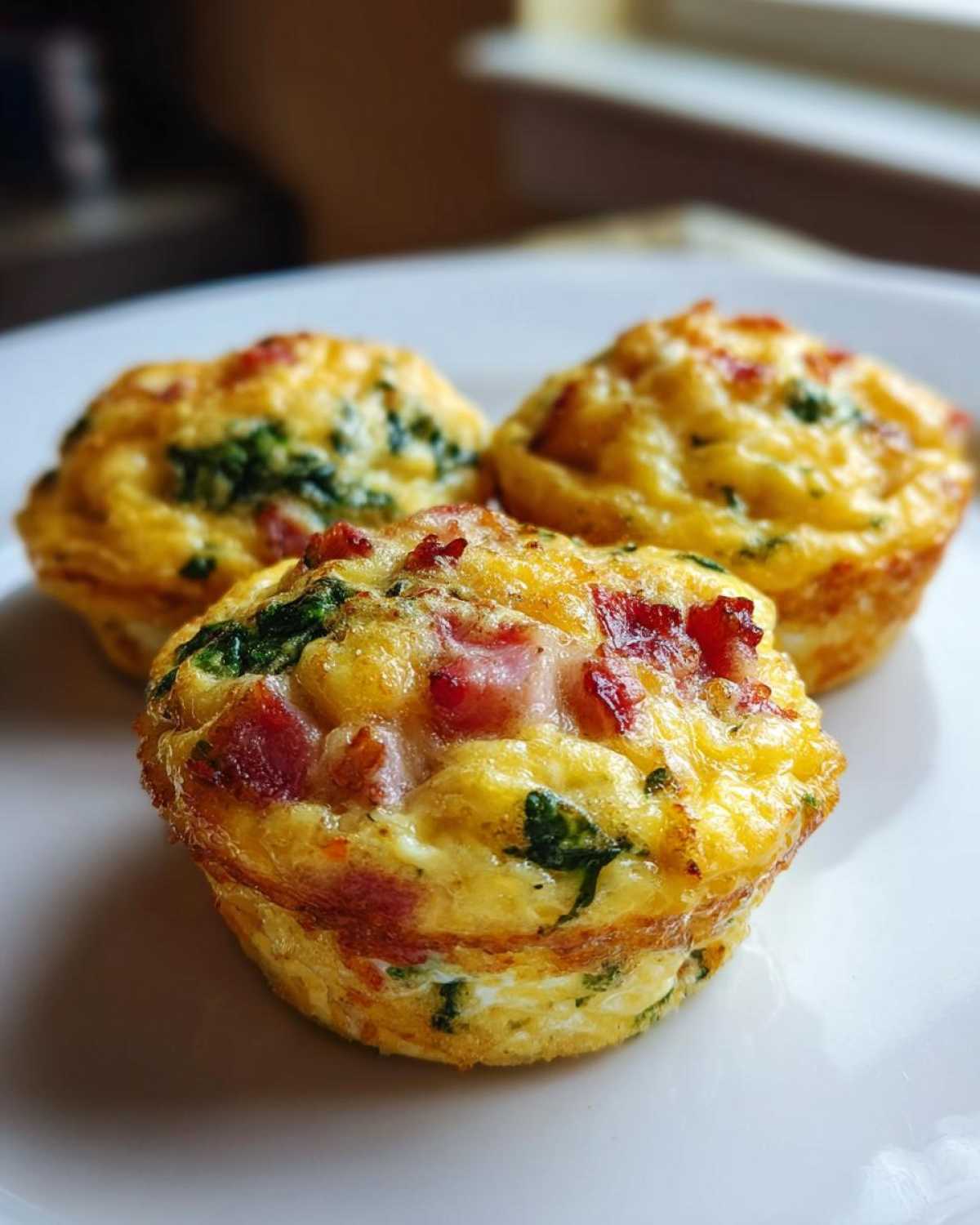 Three golden brown muffin tin egg bites filled with bacon and spinach resting on a white plate.