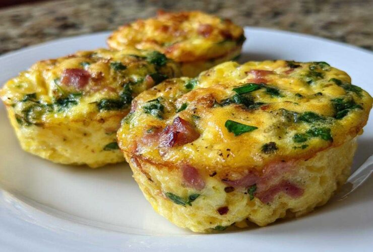Close-up of three fluffy muffin tin egg bites with visible ham and green spinach on a white plate.