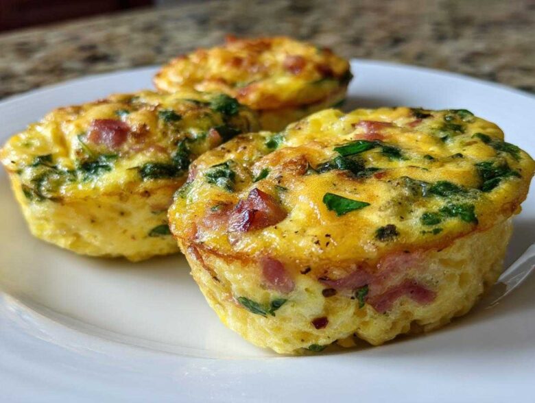 Close-up of three fluffy muffin tin egg bites with visible ham and green spinach on a white plate.