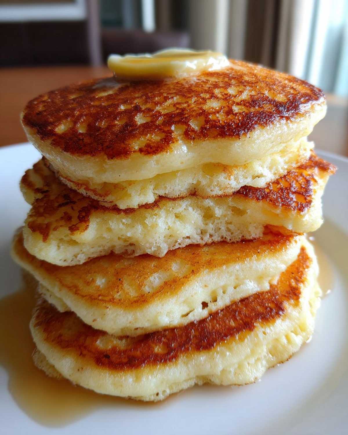 Close-up of a tall stack of fluffy pancakes topped with melting butter and syrup.
