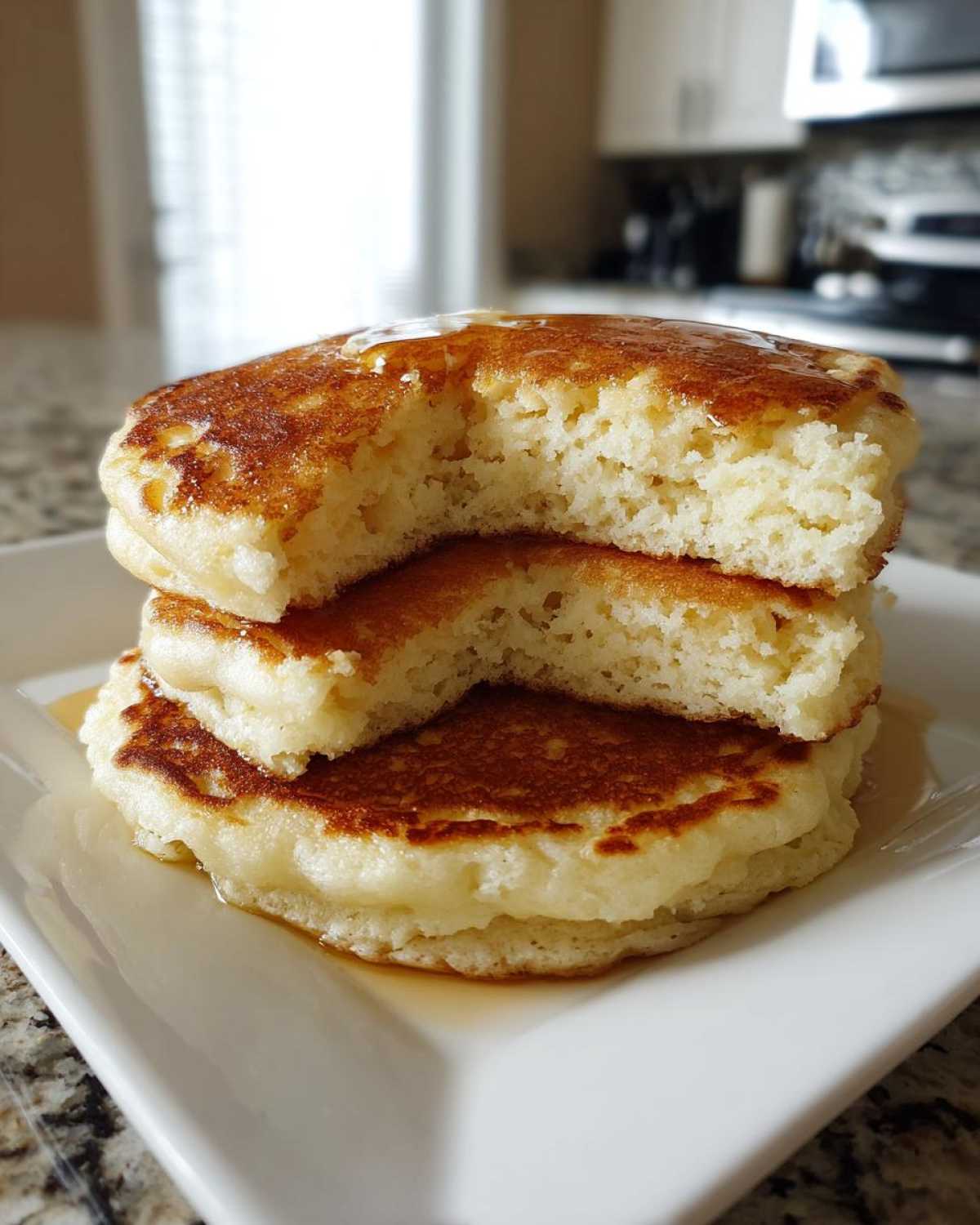 A stack of three incredibly fluffy pancakes, cut open to show the airy interior, drizzled with syrup.