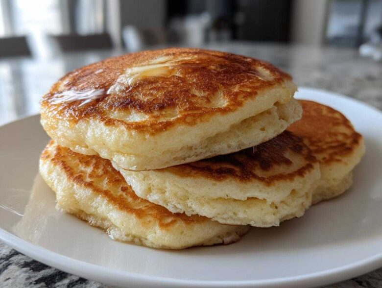 Close-up of a stack of three golden brown, very fluffy pancakes drizzled with syrup.