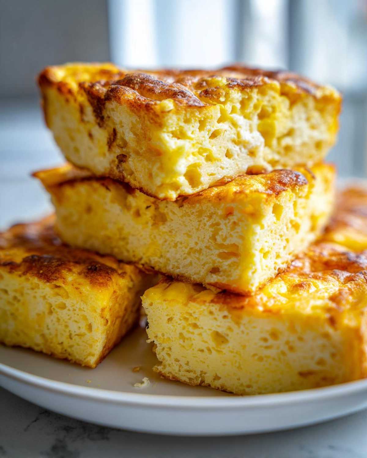 Close-up of stacked, fluffy slices of baked sheet pan eggs with a golden-brown crust.