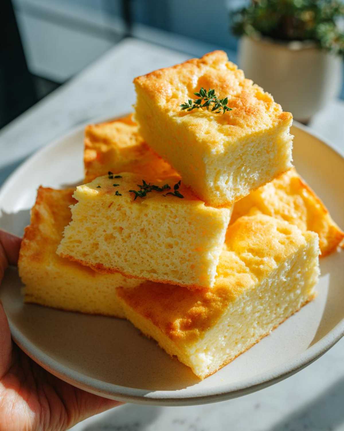 Hand holding a plate stacked with fluffy, golden squares of sheet pan eggs, garnished with thyme.