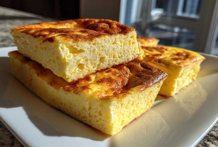Close-up of fluffy, golden-brown slices of sheet pan eggs stacked on a white rectangular plate.
