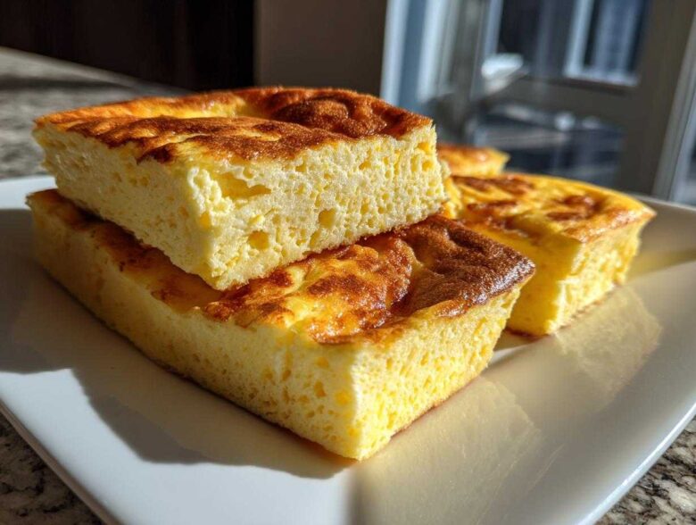 Close-up of fluffy, golden-brown slices of sheet pan eggs stacked on a white rectangular plate.