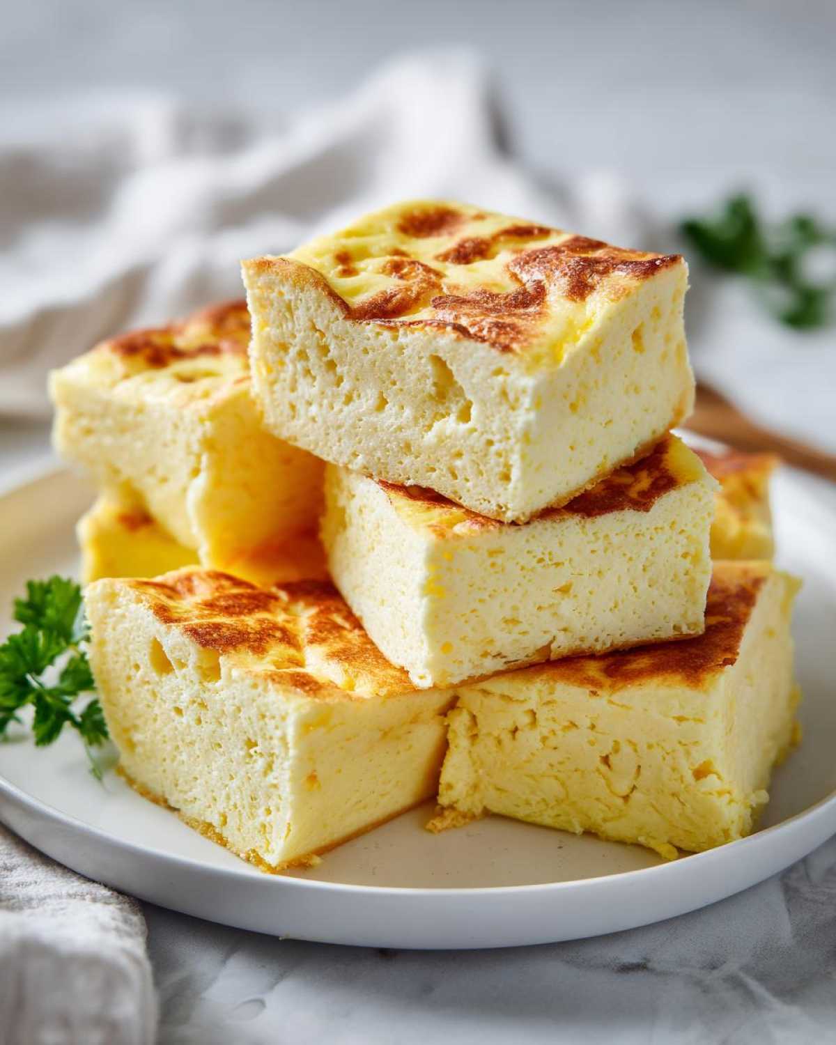 Stack of fluffy, golden-brown squares made from sheet pan eggs served on a white plate.