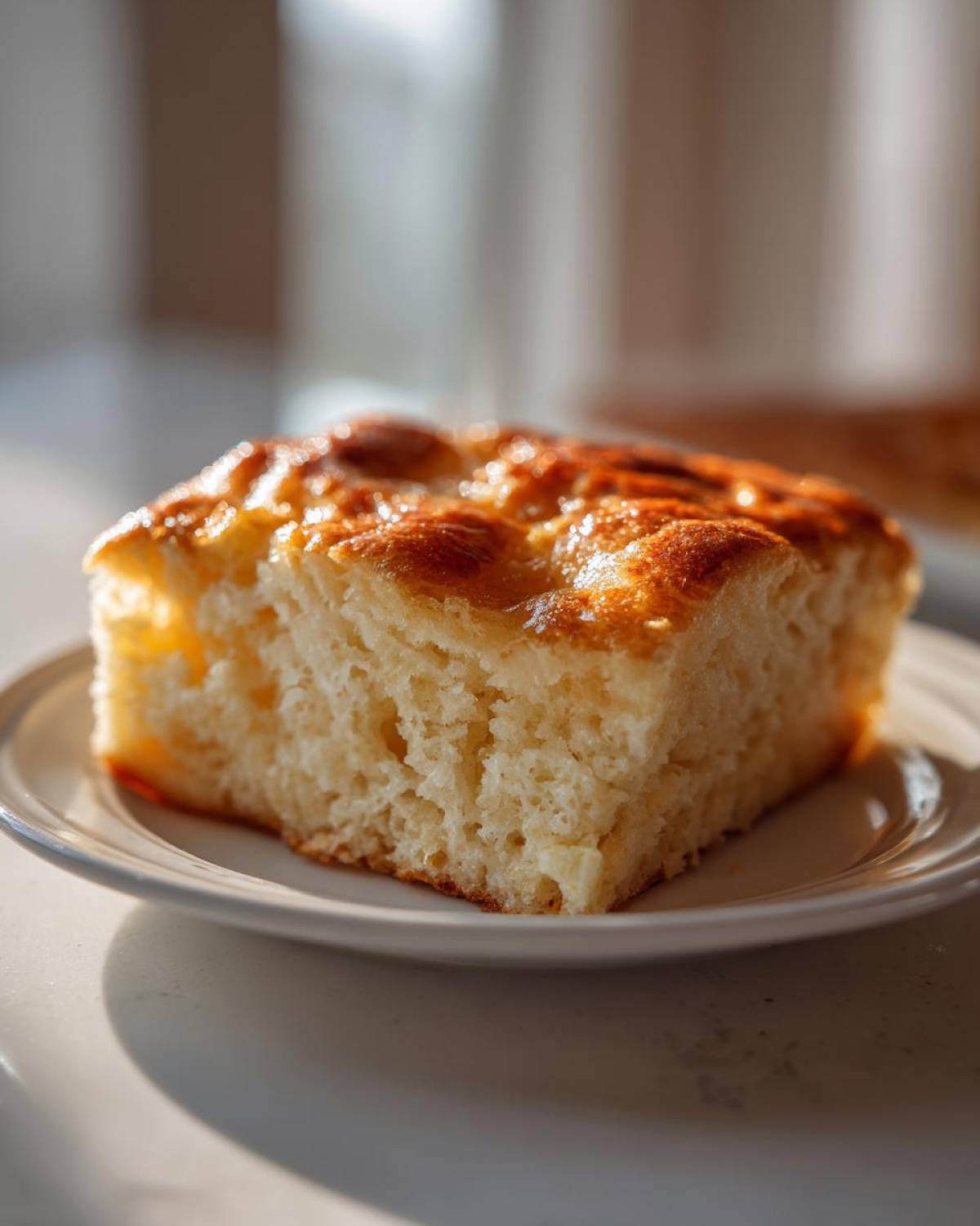 Close-up of a thick, fluffy square slice of golden brown sheet pan pancakes on a white plate.