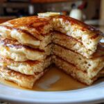 A tall stack of fluffy sourdough pancakes, cut to show the airy interior, topped with melting butter and syrup.